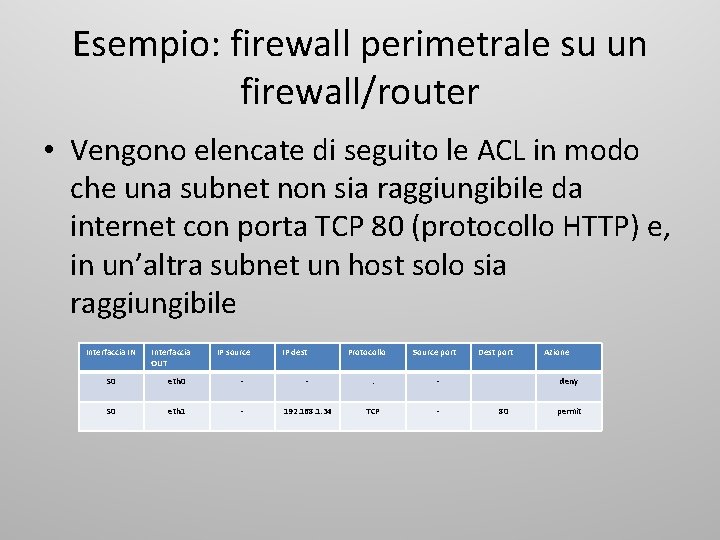 Esempio: firewall perimetrale su un firewall/router • Vengono elencate di seguito le ACL in