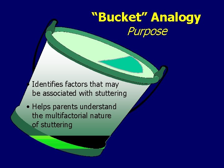 “Bucket” Analogy Purpose • Identifies factors that may be associated with stuttering • Helps