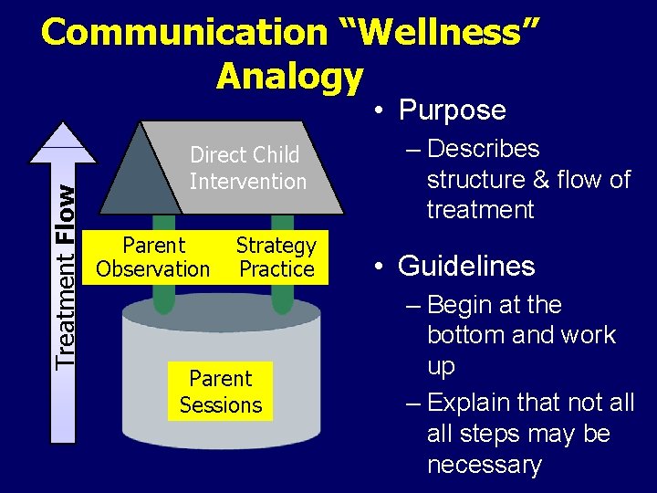 Communication “Wellness” Analogy Treatment Flow • Purpose Direct Child Intervention Parent Observation Strategy Practice