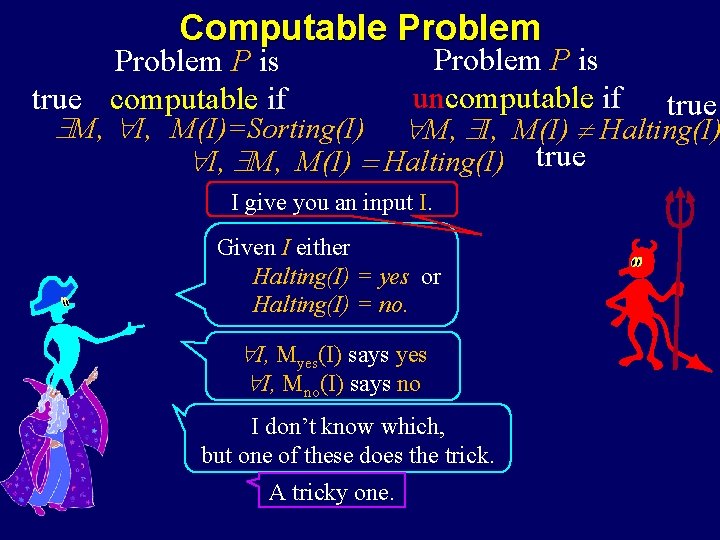 Computable Problem P is uncomputable if true computable if M, I, M(I)=Sorting(I) M, I,