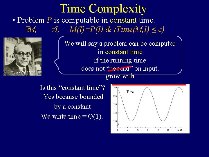 Time Complexity • Problem P is computable in constant time. M, I, M(I)=P(I) &