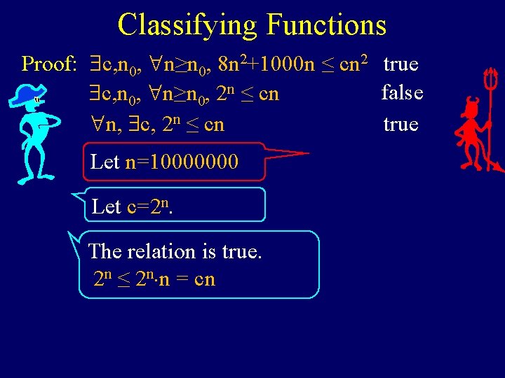 Classifying Functions Proof: c, n 0, n≥n 0, 8 n 2+1000 n ≤ cn