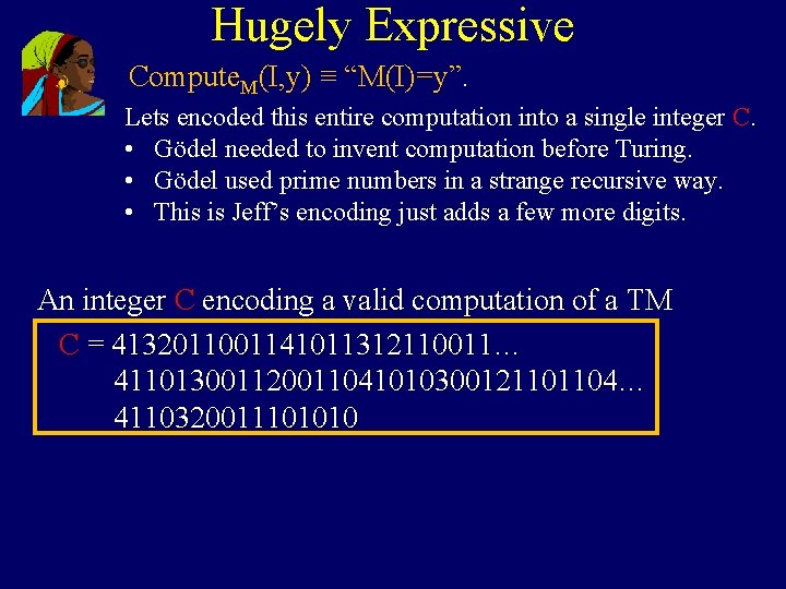 Hugely Expressive Compute. M(I, y) ≡ “M(I)=y”. Lets encoded this entire computation into a