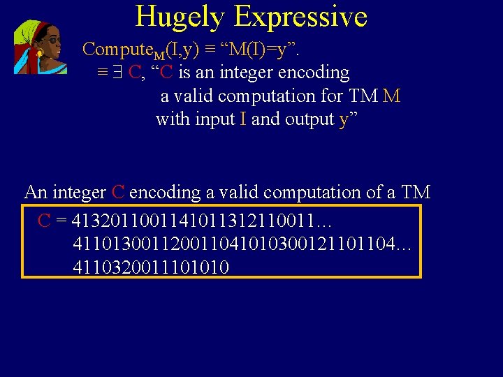 Hugely Expressive Compute. M(I, y) ≡ “M(I)=y”. ≡ C, “C is an integer encoding