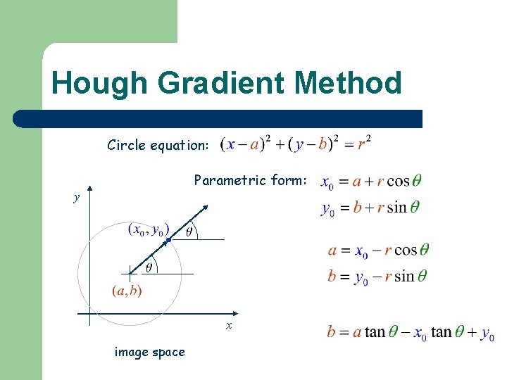 Hough Gradient Method Circle equation: Parametric form: y x image space 