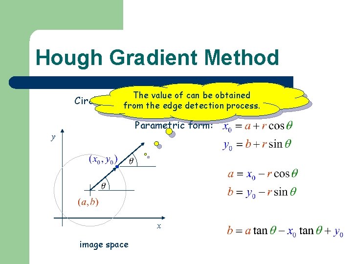 Hough Gradient Method The value of can be obtained Circle equation: from the edge