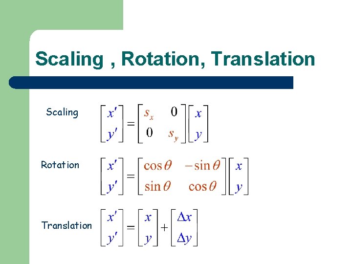 Scaling , Rotation, Translation Scaling Rotation Translation 