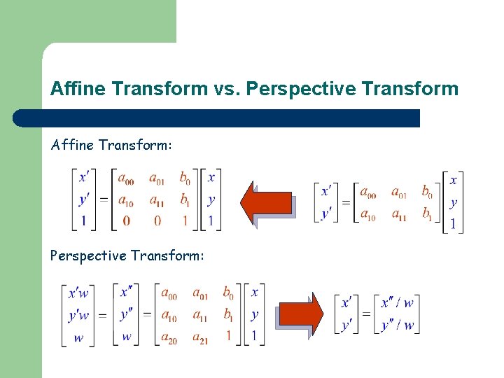 Affine Transform vs. Perspective Transform Affine Transform: Perspective Transform: 