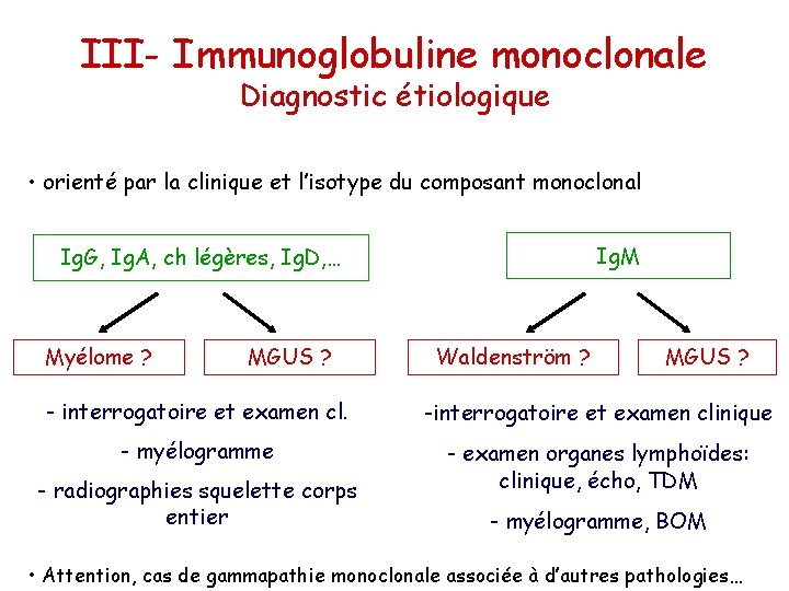 III- Immunoglobuline monoclonale Diagnostic étiologique • orienté par la clinique et l’isotype du composant