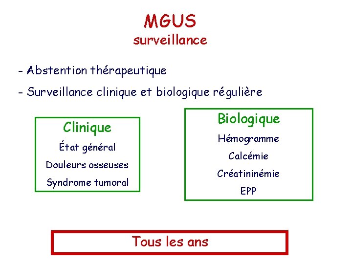 MGUS surveillance - Abstention thérapeutique - Surveillance clinique et biologique régulière Biologique Clinique Hémogramme