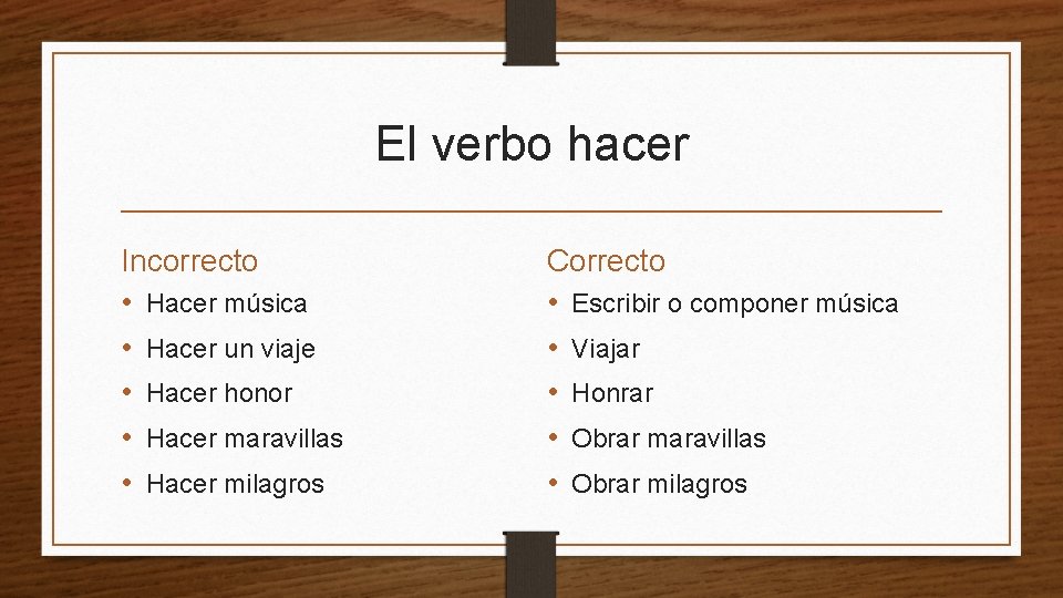 El verbo hacer Incorrecto • Hacer música • Hacer un viaje • Hacer honor