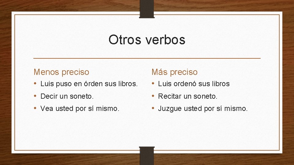 Otros verbos Menos preciso • Luis puso en órden sus libros. • Decir un