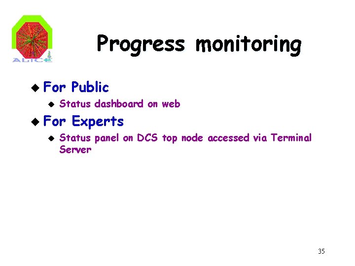 Progress monitoring u For u Status dashboard on web u For u Public Experts