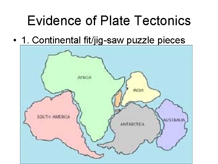 Evidence of Plate Tectonics • 1. Continental fit/jig-saw puzzle pieces 