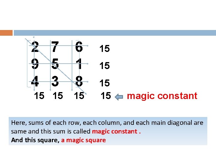 2 7 9 5 4 3 6 1 8 15 15 magic constant Here,