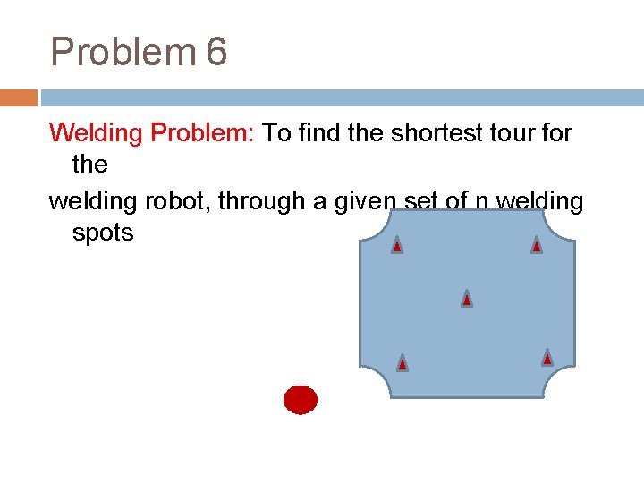 Problem 6 Welding Problem: To find the shortest tour for the welding robot, through