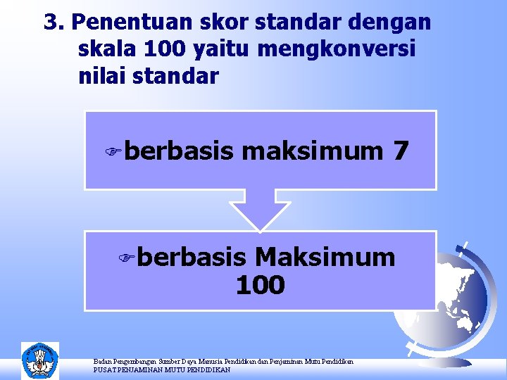 3. Penentuan skor standar dengan skala 100 yaitu mengkonversi nilai standar Fberbasis maksimum 7