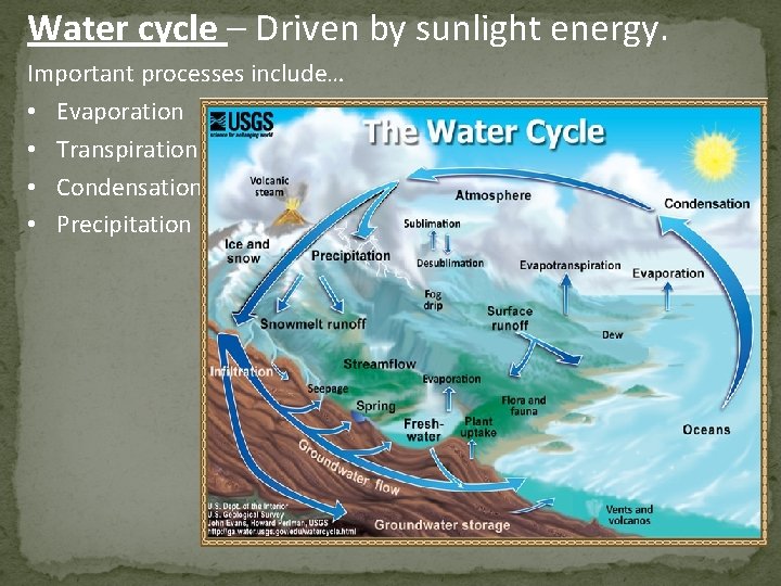 Water cycle – Driven by sunlight energy. Important processes include… • Evaporation • Transpiration