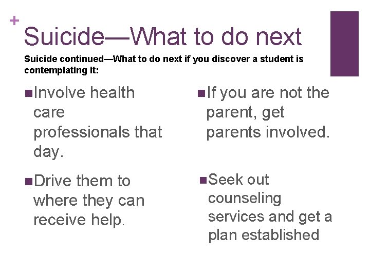 + Suicide—What to do next Suicide continued—What to do next if you discover a