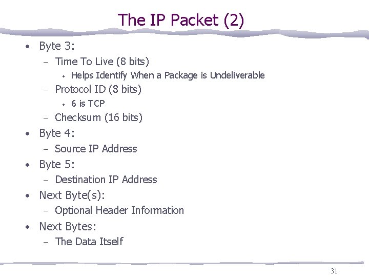 The IP Packet (2) • Byte 3: – Time To Live (8 bits) •