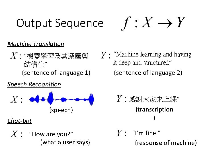 Output Sequence Machine Translation “機器學習及其深層與 結構化” (sentence of language 1) “Machine learning and having