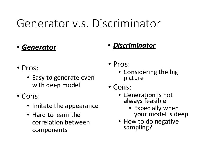 Generator v. s. Discriminator • Generator • Discriminator • Pros: • Easy to generate