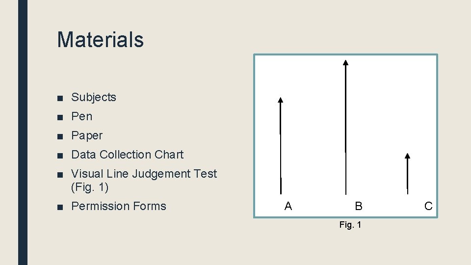 Materials ■ Subjects ■ Pen ■ Paper ■ Data Collection Chart ■ Visual Line Materials ■ Subjects ■ Pen ■ Paper ■ Data Collection Chart ■ Visual Line
