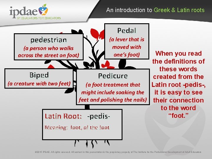 An introduction to Greek & Latin roots pedestrian (a person who walks across the