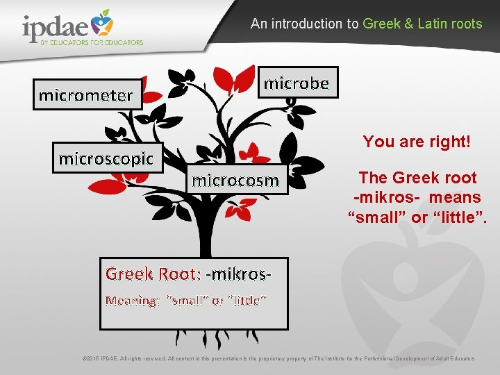 An introduction to Greek & Latin roots micrometer microscopic microbe You are right! microcosm