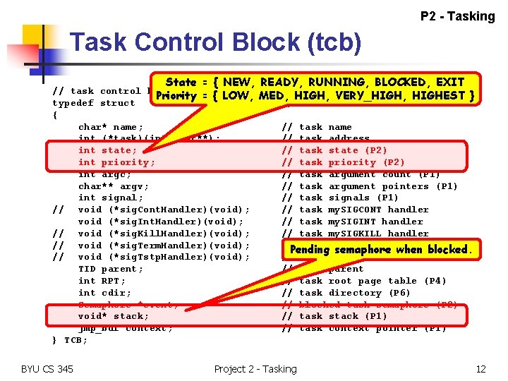 P 2 - Tasking Task Control Block (tcb) State = { NEW, READY, RUNNING,