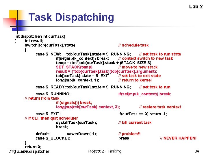 Lab 2 Task Dispatching int dispatcher(int cur. Task) { int result; switch(tcb[cur. Task]. state)