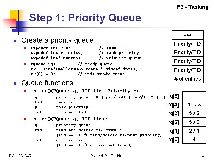 P 2 - Tasking Step 1: Priority Queue n Create a priority queue n