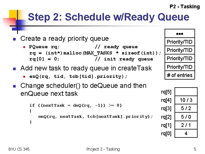 P 2 - Tasking Step 2: Schedule w/Ready Queue n Create a ready priority