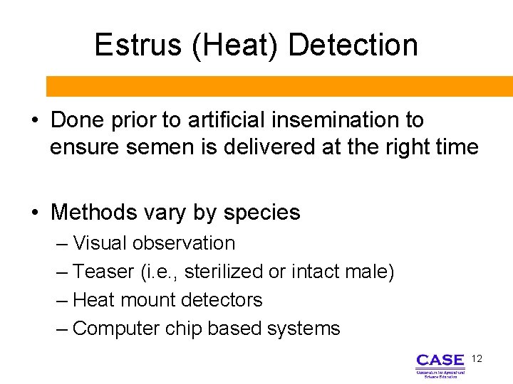 Estrus (Heat) Detection • Done prior to artificial insemination to ensure semen is delivered