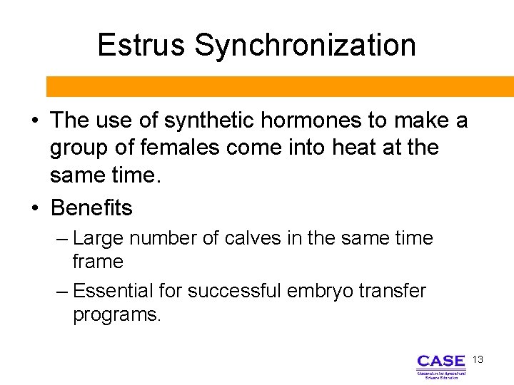 Estrus Synchronization • The use of synthetic hormones to make a group of females