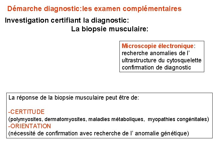Démarche diagnostic: les examen complémentaires Investigation certifiant la diagnostic: La biopsie musculaire: Microscopie électronique: