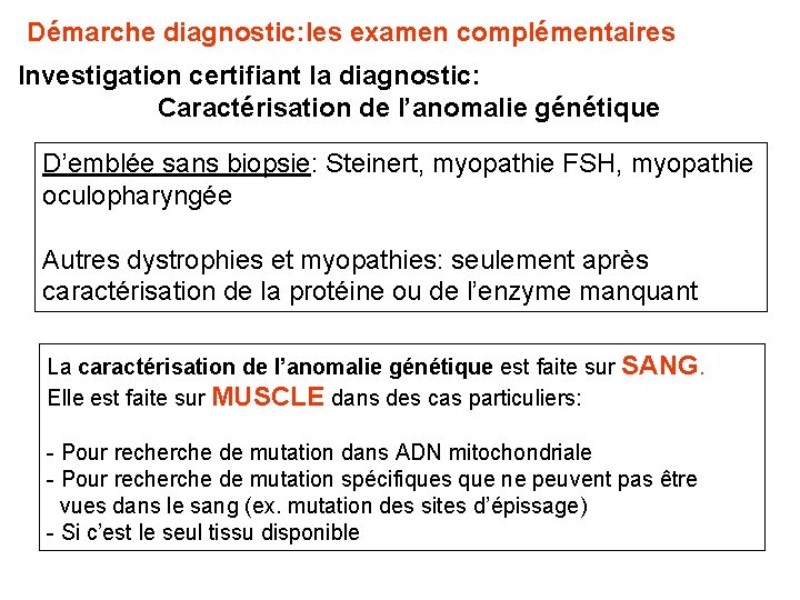 Démarche diagnostic: les examen complémentaires Investigation certifiant la diagnostic: Caractérisation de l’anomalie génétique D’emblée