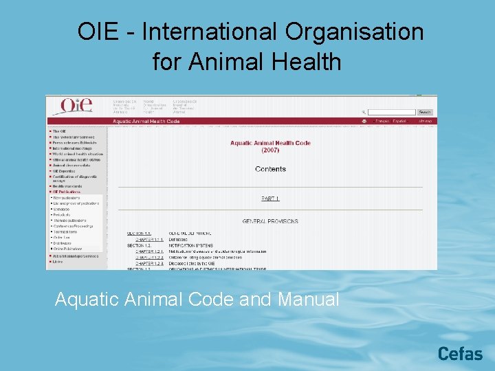 OIE - International Organisation for Animal Health Aquatic Animal Code and Manual 