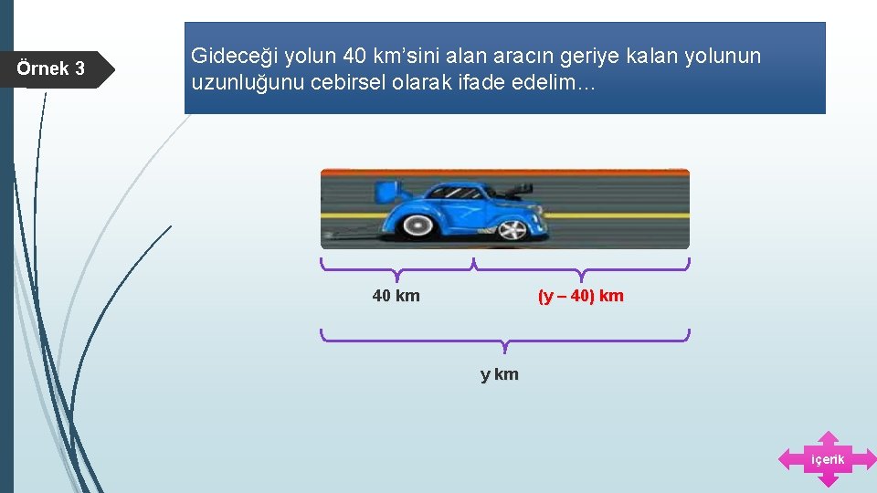 Örnek 3 Gideceği yolun 40 km’sini alan aracın geriye kalan yolunun uzunluğunu cebirsel olarak