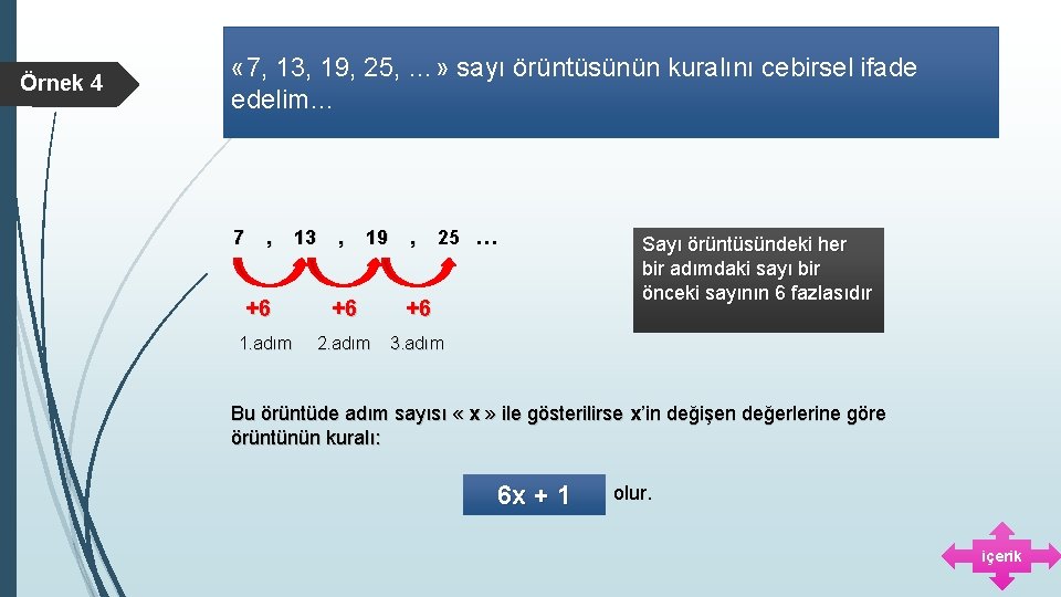 Örnek 4 « 7, 13, 19, 25, …» sayı örüntüsünün kuralını cebirsel ifade edelim…