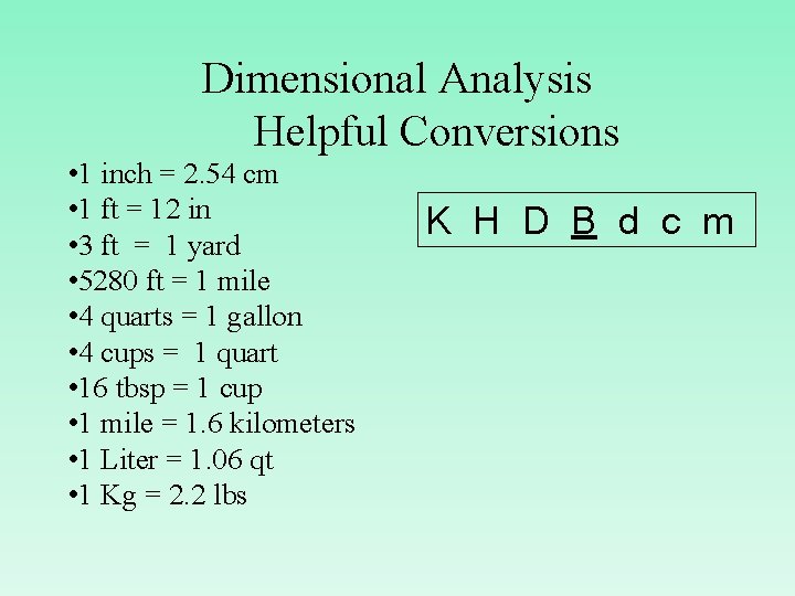 Dimensional Analysis Helpful Conversions • 1 inch = 2. 54 cm • 1 ft