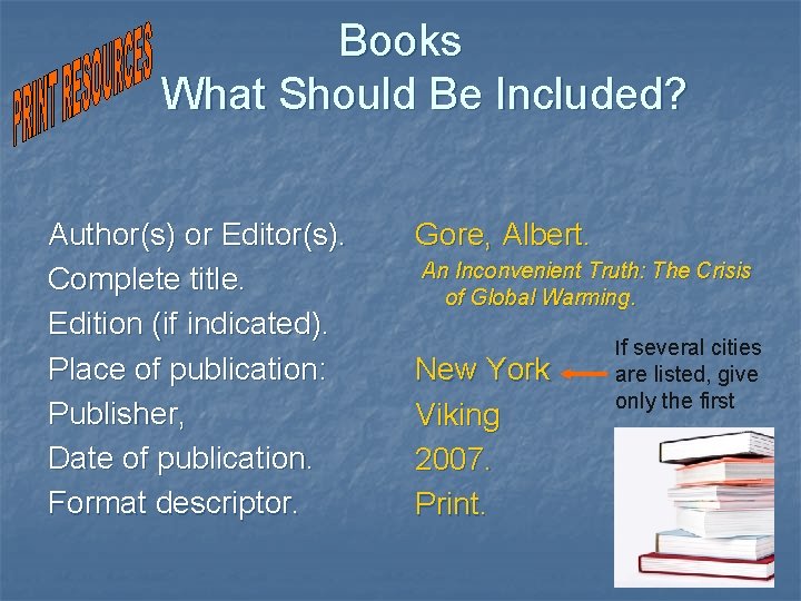 Books What Should Be Included? Author(s) or Editor(s). Complete title. Edition (if indicated). Place