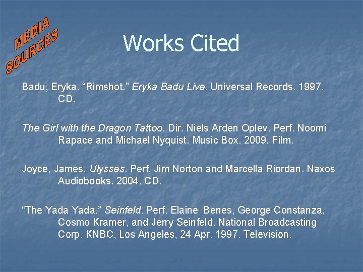 Works Cited Badu, Eryka. “Rimshot. ” Eryka Badu Live. Universal Records. 1997. CD. The
