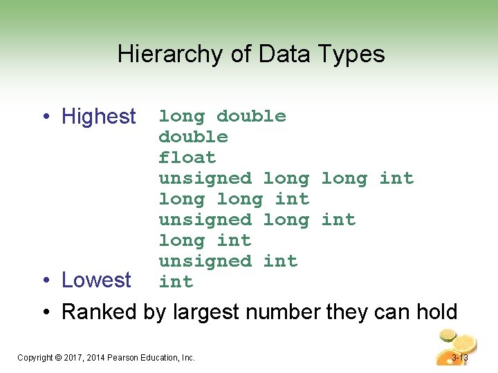 Hierarchy of Data Types • Highest long double float unsigned long int unsigned long