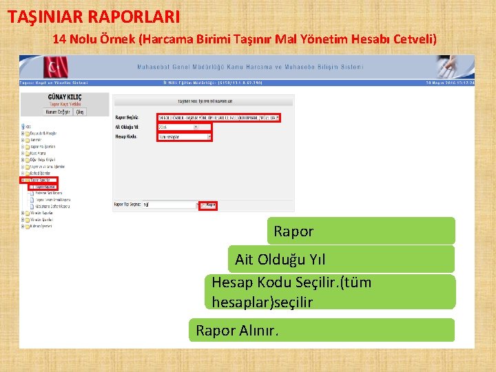 TAŞINIAR RAPORLARI 14 Nolu Örnek (Harcama Birimi Taşınır Mal Yönetim Hesabı Cetveli) Rapor Ait