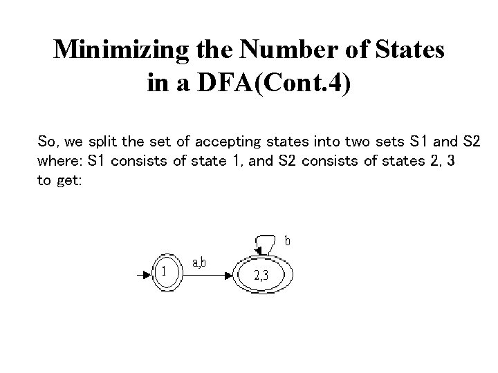 Minimizing the Number of States in a DFA(Cont. 4) So, we split the set