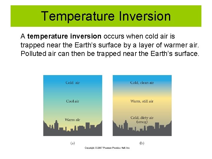 Temperature Inversion A temperature inversion occurs when cold air is trapped near the Earth’s Temperature Inversion A temperature inversion occurs when cold air is trapped near the Earth’s