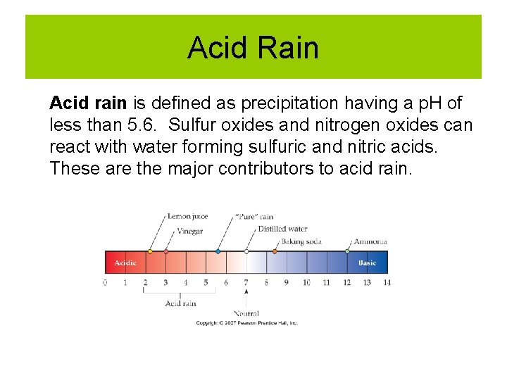 Acid Rain Acid rain is defined as precipitation having a p. H of less Acid Rain Acid rain is defined as precipitation having a p. H of less