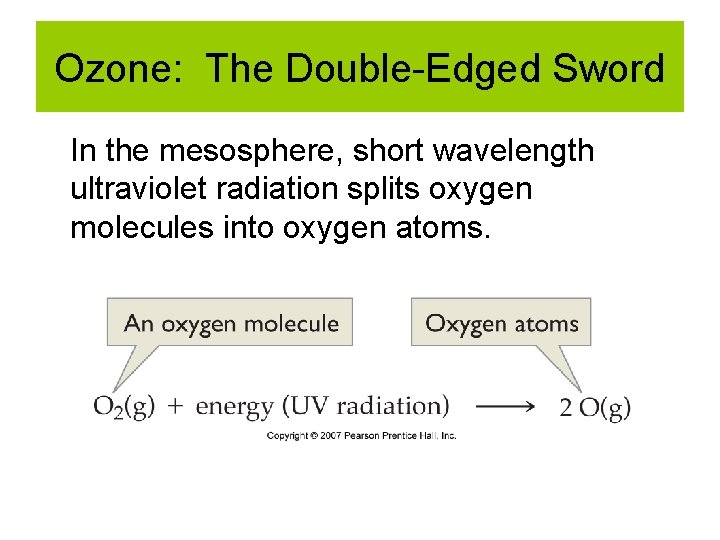 Ozone: The Double-Edged Sword In the mesosphere, short wavelength ultraviolet radiation splits oxygen molecules Ozone: The Double-Edged Sword In the mesosphere, short wavelength ultraviolet radiation splits oxygen molecules