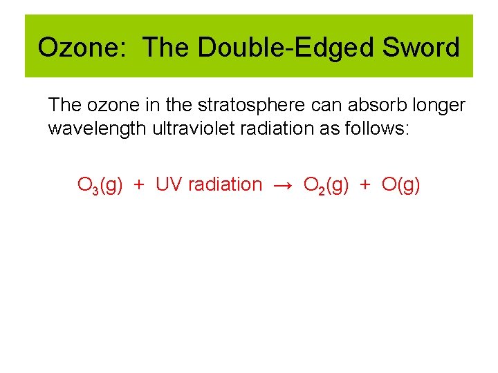 Ozone: The Double-Edged Sword The ozone in the stratosphere can absorb longer wavelength ultraviolet Ozone: The Double-Edged Sword The ozone in the stratosphere can absorb longer wavelength ultraviolet